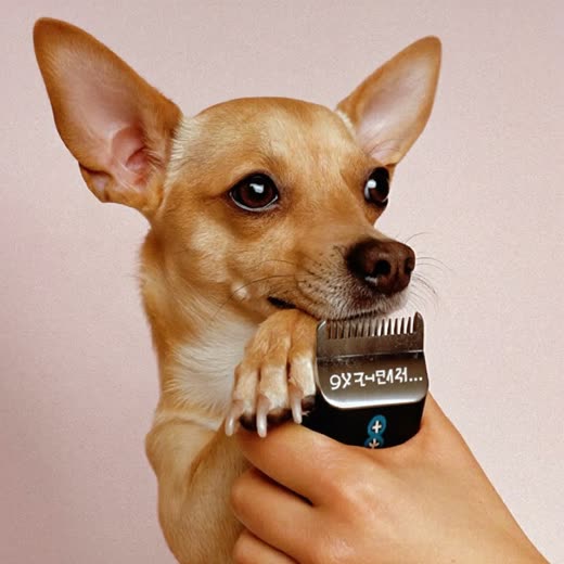 A dog's paw being trimmed by hand against a plain pale backdrop