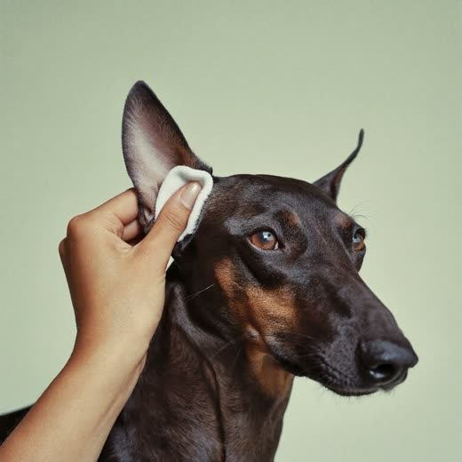 A dog's ear being cleaned by hand against a plain pale backdrop